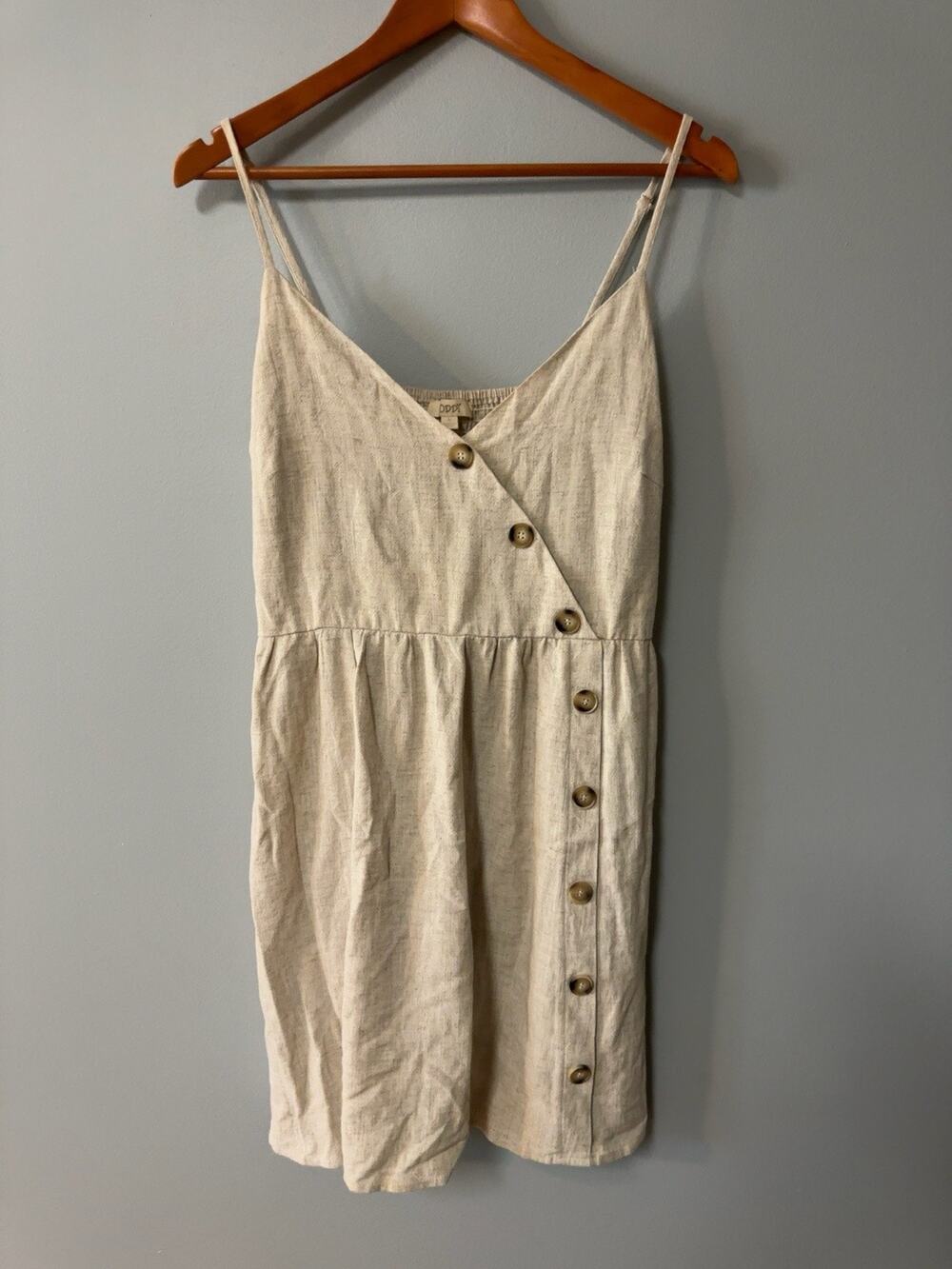Oddi Linen Blend Button Front Cami Dress Womens L Beige Cottagecore Sundress